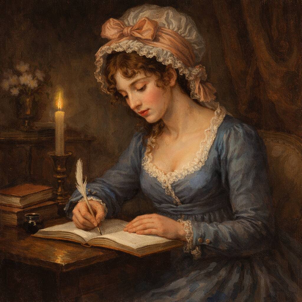 Lady Caroline Lamb writing in a book with a quill pen