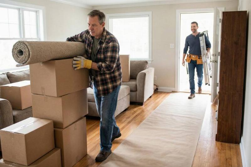Man bracing a pile of cardboard boxes with a folded-up rug placed atop. A second man is walking into the room, holding a ladder