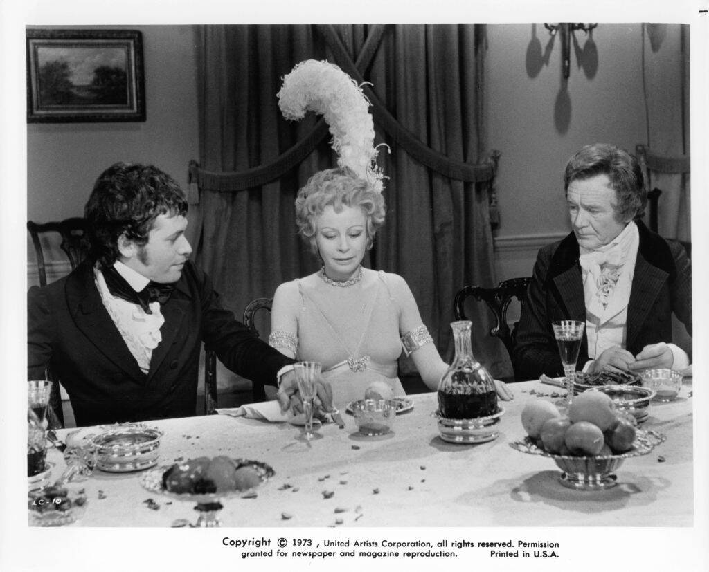 Jon Finch, Sarah Miles and John Mills as William Lamb, Caroline Lamb and Canning in 'Lady Caroline Lamb'