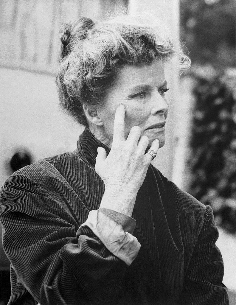 Katharine Hepburn standing on the set of 'Guess Who's Coming to Dinner'