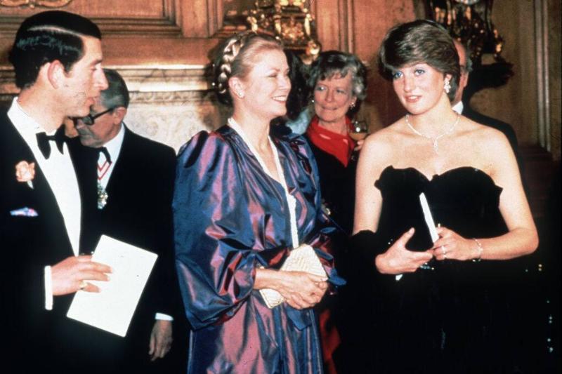 Princess Diana, Grace Kelly and then-Prince Charles standing together