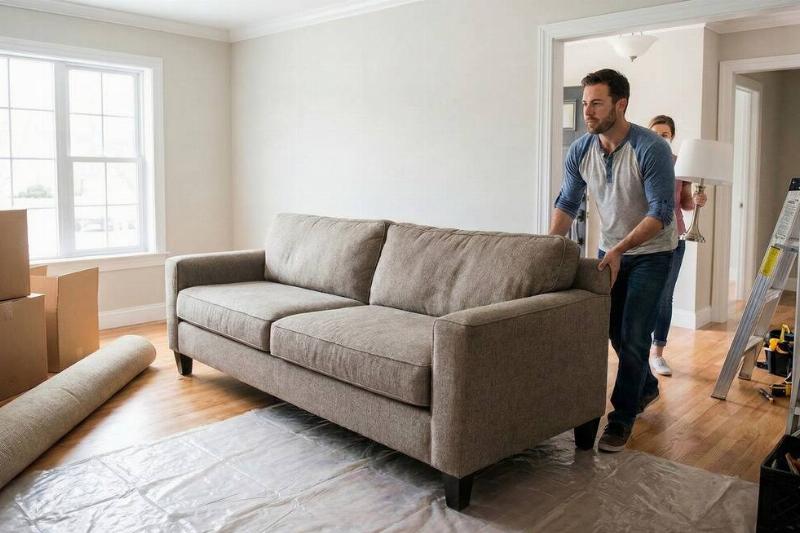 Man moving a couch in the middle of a large room. A second man walks behind him, carrying a lamp