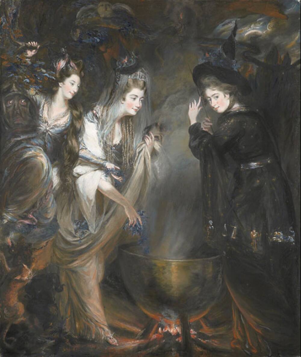 Elizabeth Lamb, Georgiana Cavendish and Anne Damer standing around a cauldron