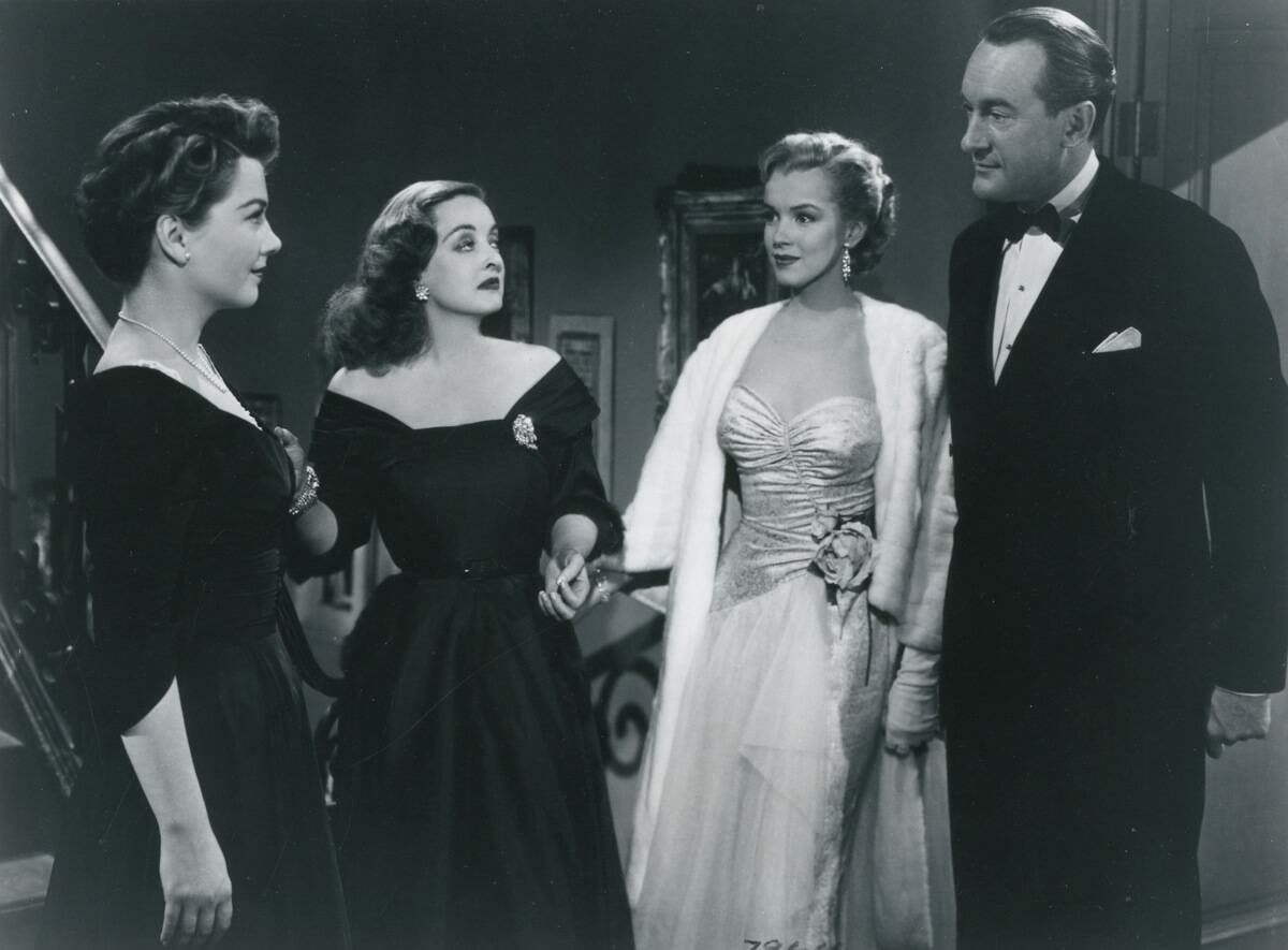 Anne Baxter, Bette Davis, Marilyn Monroe and George Sanders as Eve Harrington, Margo Channing, Miss Caswell and Addison DeWitting 'All About Eve'