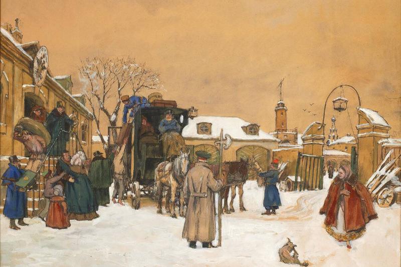 Illustration of Russian serfs standing in a snowy area in a town