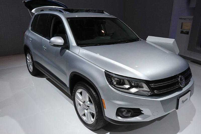 Silver 2013 Volkswagen Tiguan on display with its trunk open
