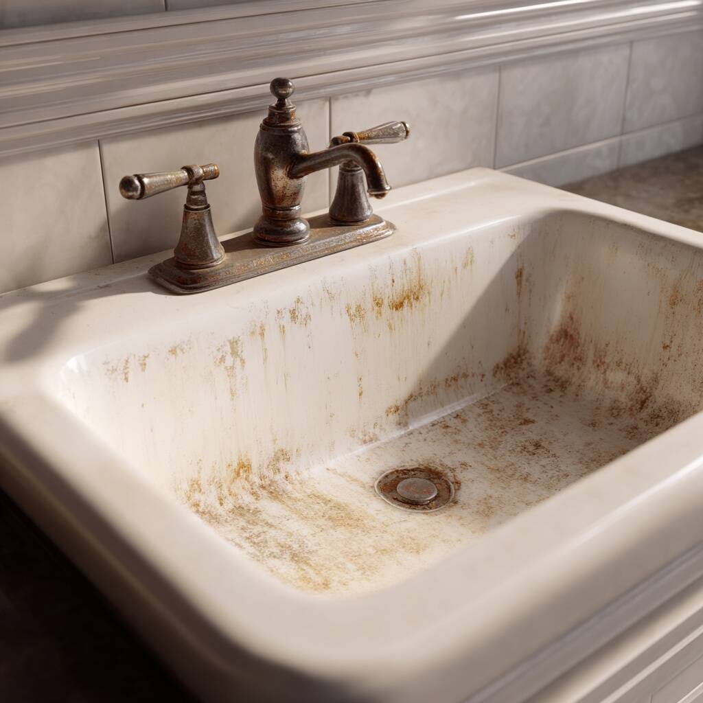 Ceramic sink filled with grime and mold