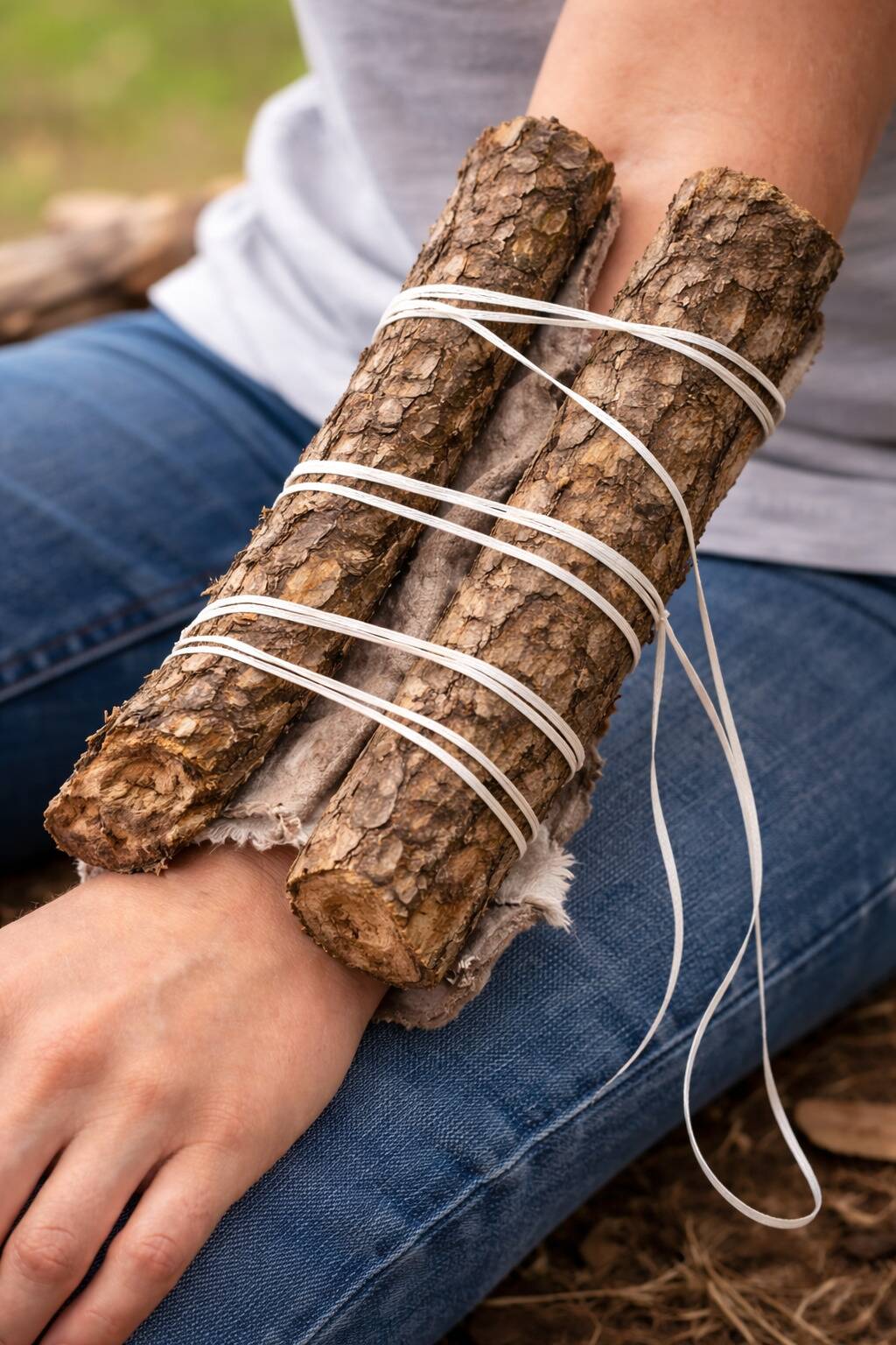 AI-rendering of an arm brace fashioned with two tree branches and dental floss