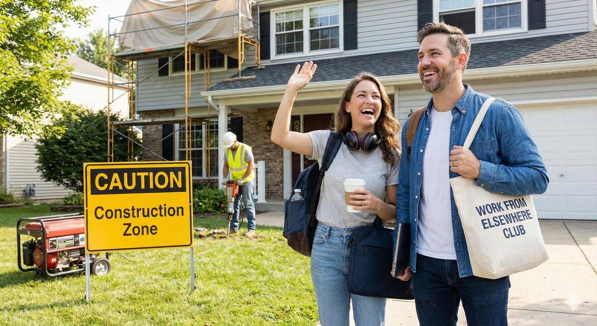 Man and woman looking happy while standing outside of their home. A construction worker is digging into the ground behind them