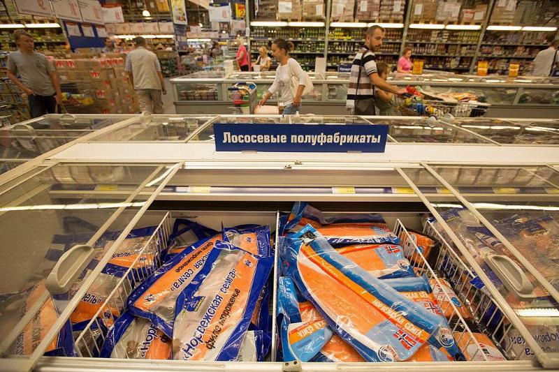 Frozen fish in a grocery store freezer