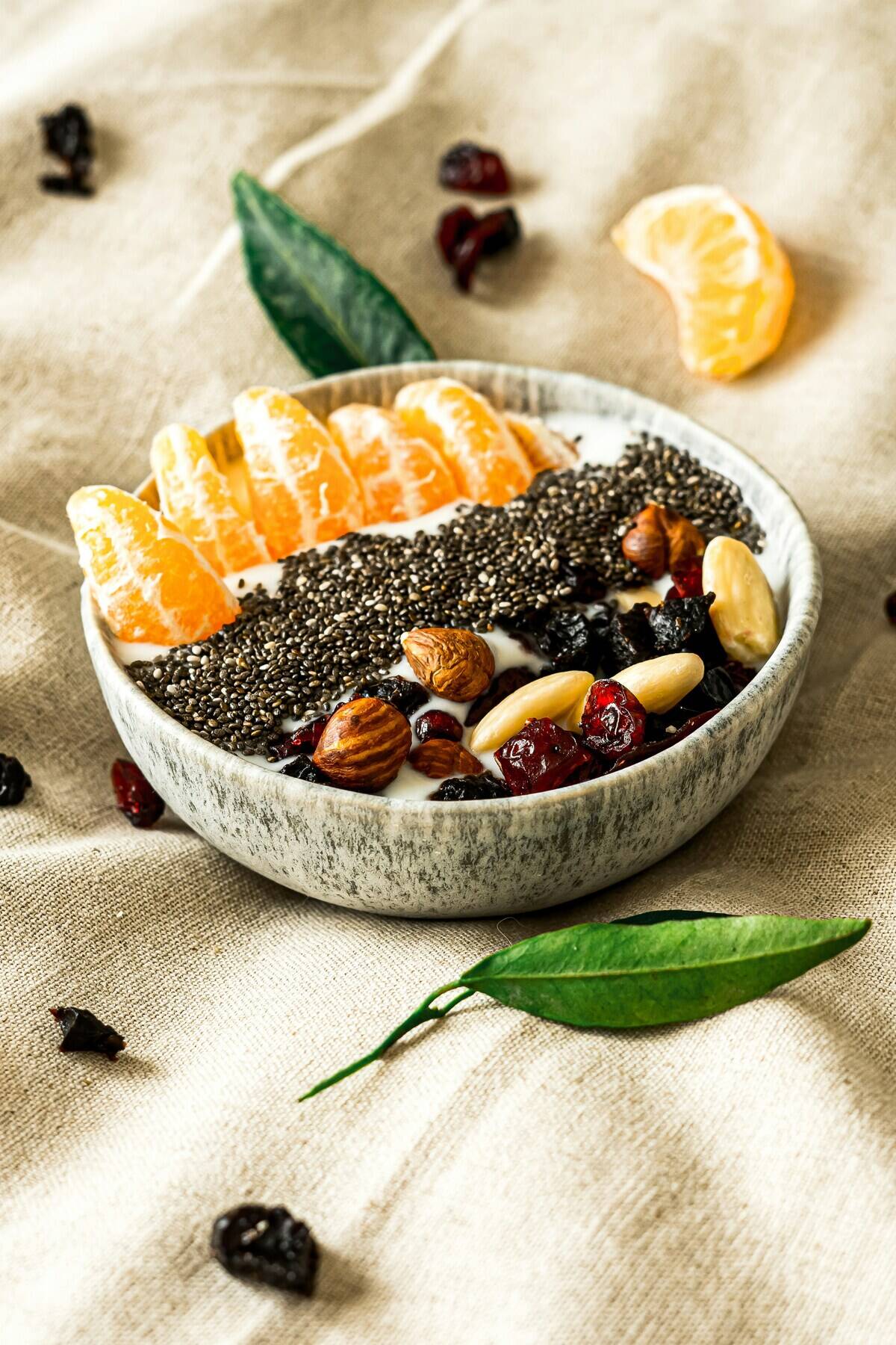 Bowl of yogurt covered in chia seeds, orange slices, dried cranberries and various nuts