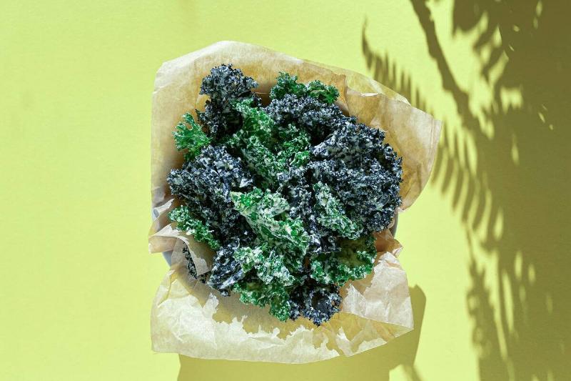 Overhead view of a bowl of kale