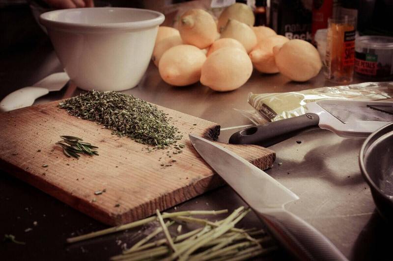 Kitchen counter scene featuring various implements