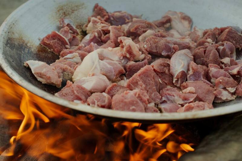 Raw meat in a frying pan