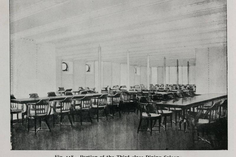 Third class dining saloon on the �Olympic� White Star liner, 1911.