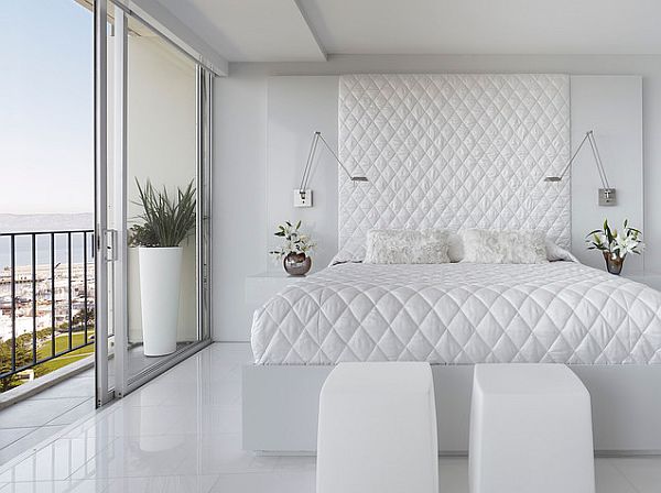 white bedroom with white flooring – Bed quilt and head board