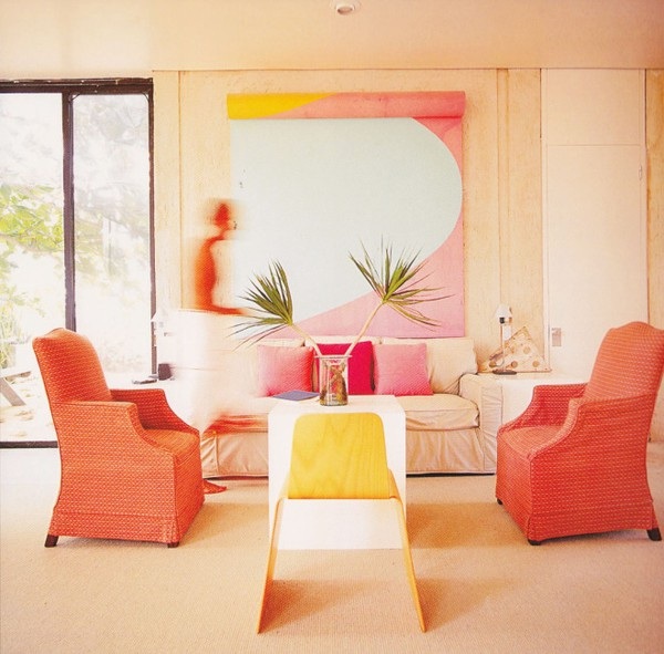 coral pink and yellow living room