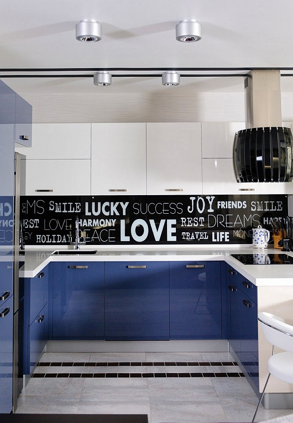 glossy white and blue cabinets