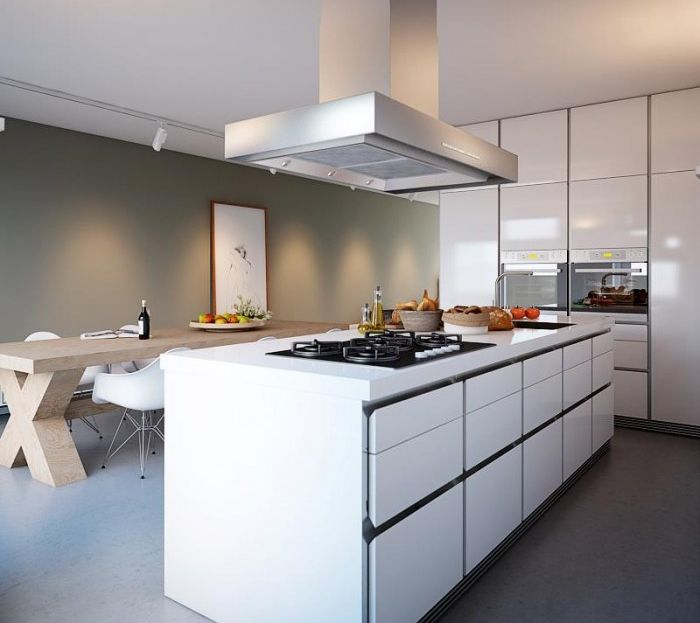 modern kitchen island with white cabinets