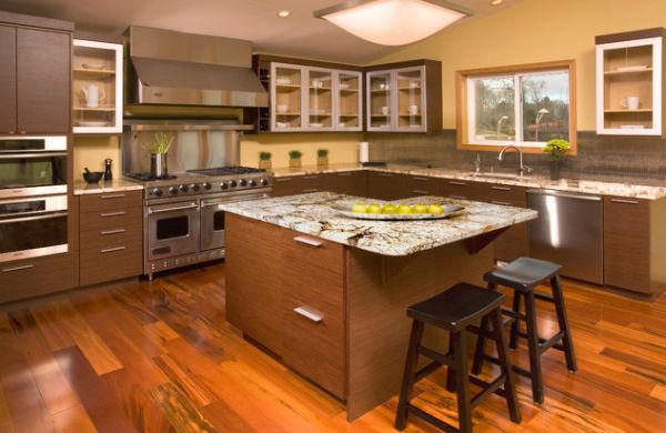 Smart Asian kitchen with horizontal grain wenge cabinets and a couple of skylights