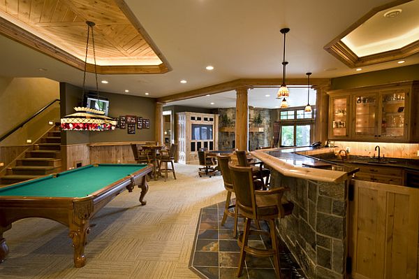 rustic and elegant basement as rec room