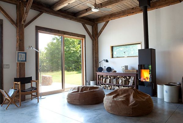 rustic rec room with beanbags