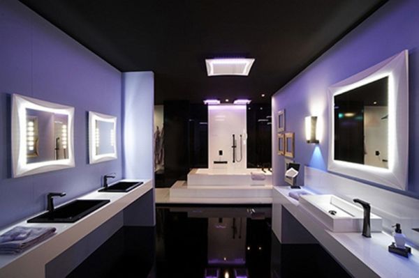 LED lights illuminate this luxurious bathroom design.