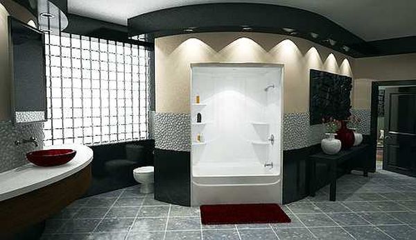 Recessed lighting and beautiful accents contribute nicely to this luxury bathroom.