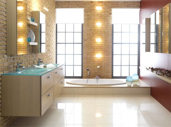 A contemporary-style bathroom with distinguished light fixtures.