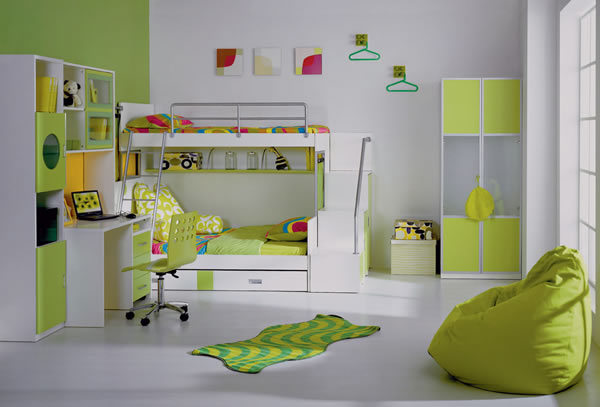 Kids bedroom with green colored furniture