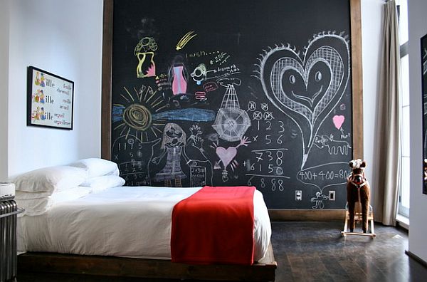 Kids bedroom with huge chalkboard