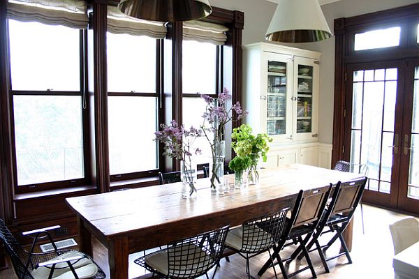 purple and green flowers in the dining area
