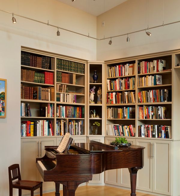 Track lighting is an ideal way to light up home libraries and bookshelves