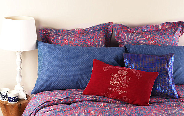 Blue and red patterned bedding
