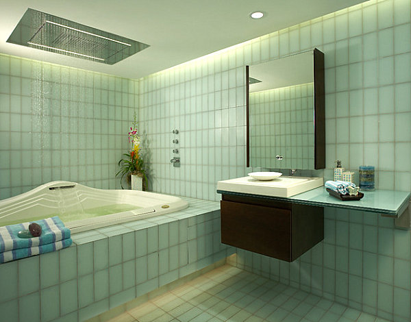 Fun decor in a minimalist condo bathroom