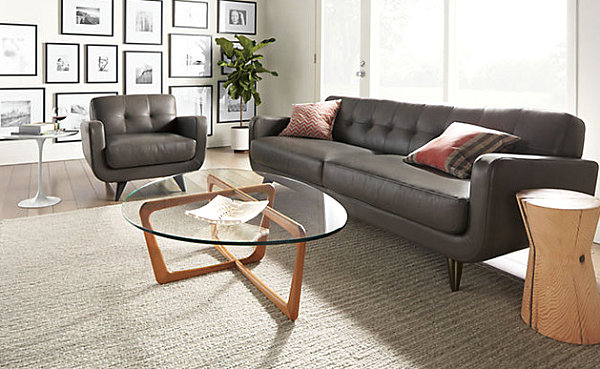 Vintage eclectic living space with black and white photography