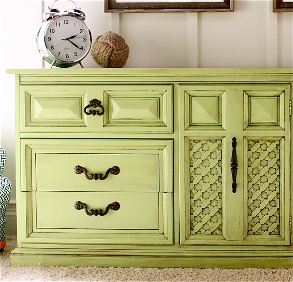 Lime green dresser with bronze hardware