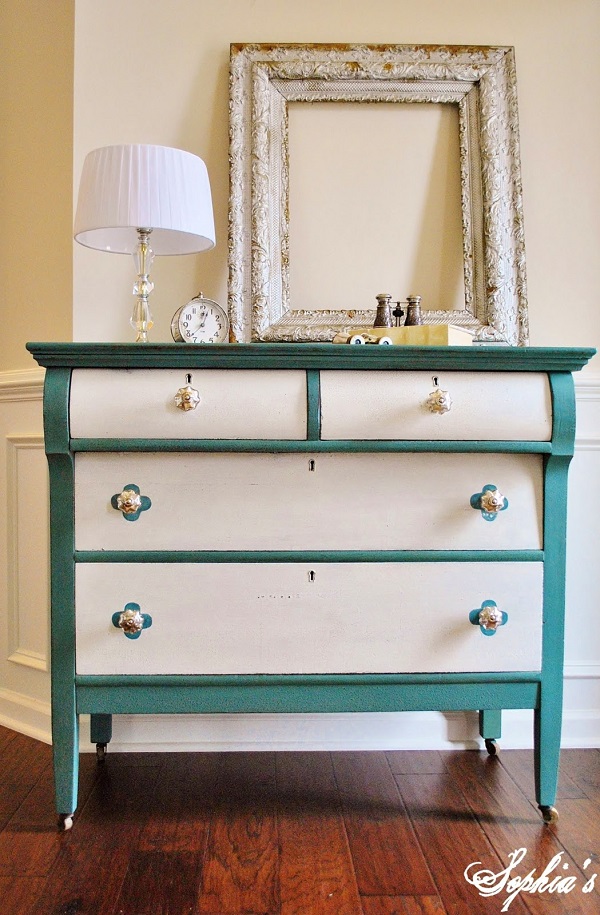 Turquoise and white dresser DIY