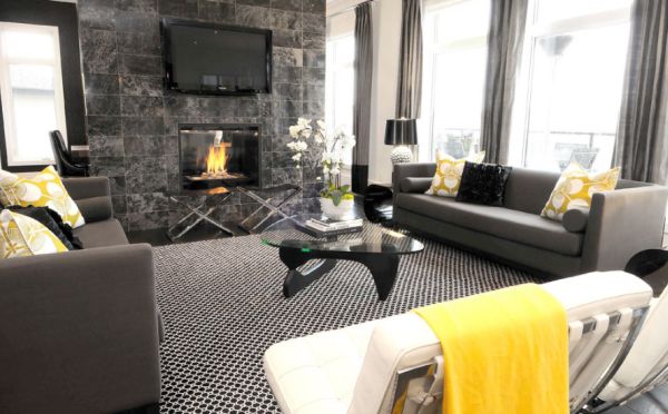 Contemporary black and white living room with fresh yellow accents