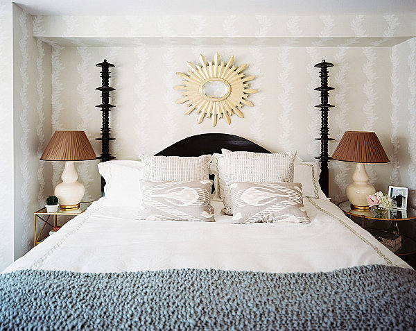 Cream patterned wallpaper in a relaxing bedroom