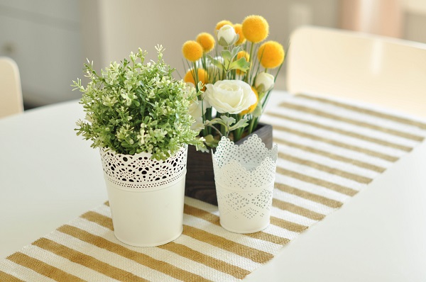 Gold and white striped table runner