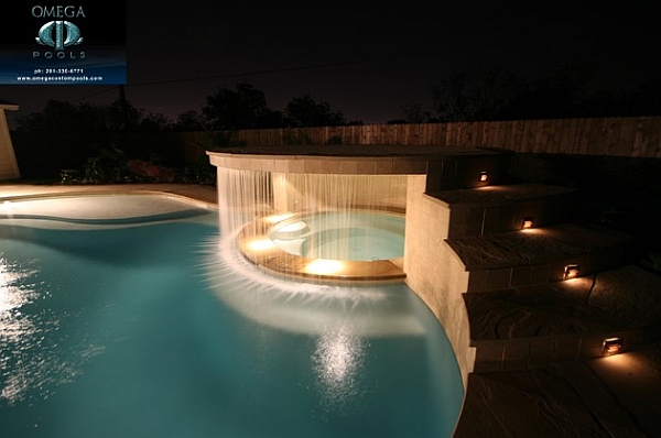 Contemporary pool waterfall design with a clean and well defined look
