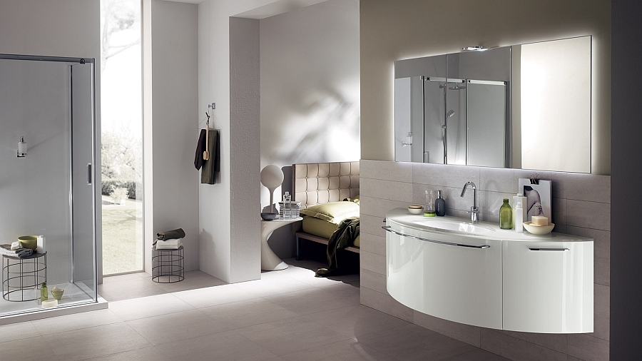Curved aquo washbasin cabinet in white