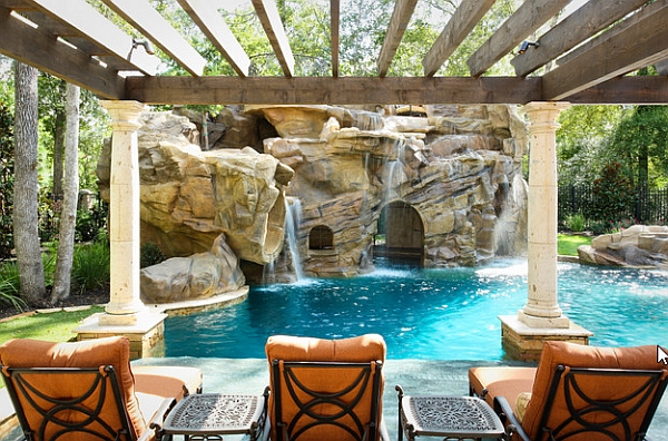 View of the Arched grotto under the waterfalls from the poolside pergola