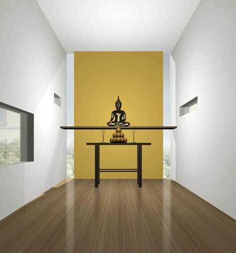 White and gold meditation room with buddha scuplture