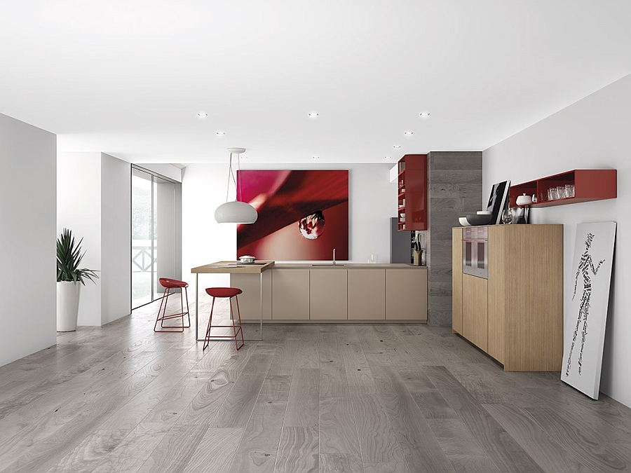 Beautiful wooden kitchen cabinets coupled with open red shelves