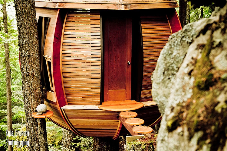 Entrance to the ingenious treehouse cabin by Joel Allen