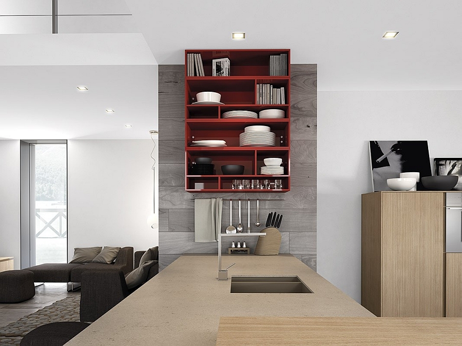 Open kitchen shelf in fiery red
