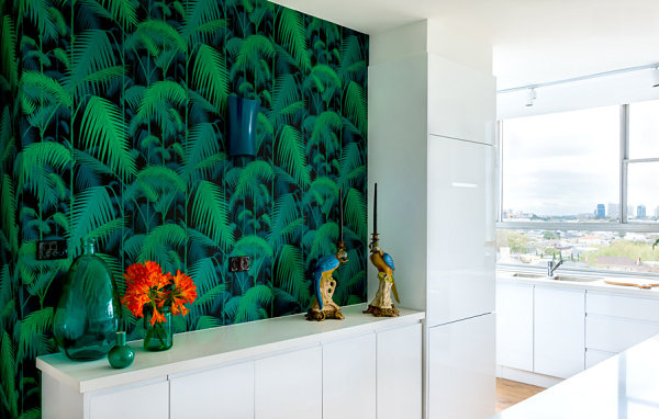 Wallpapered wall in a bright apartment