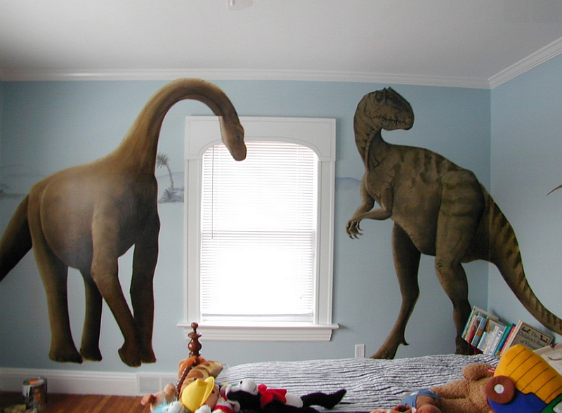 Giant nine foot tall dinosaur decals in the boys’ bedroom